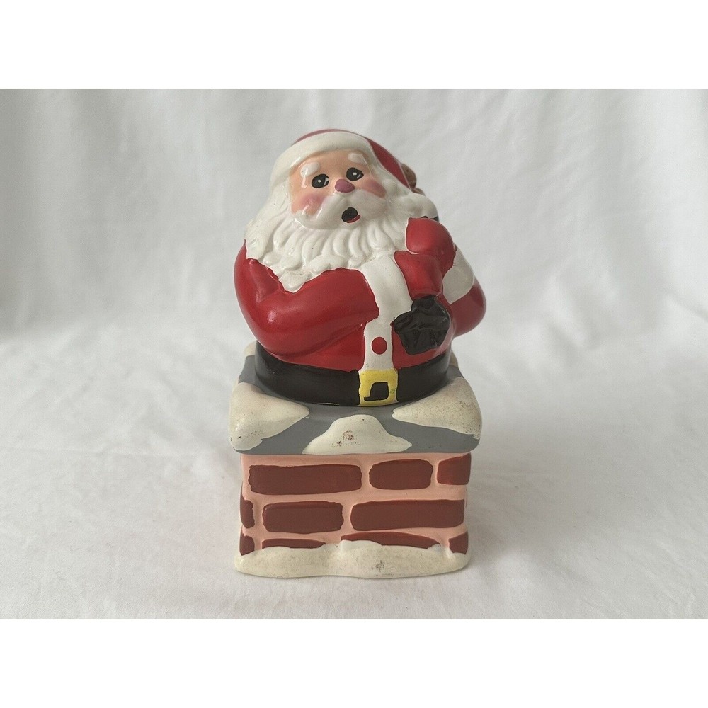 Vintage Candy Container Red Nose Santa Going Down Chimney Ceramic Statue Bowl
